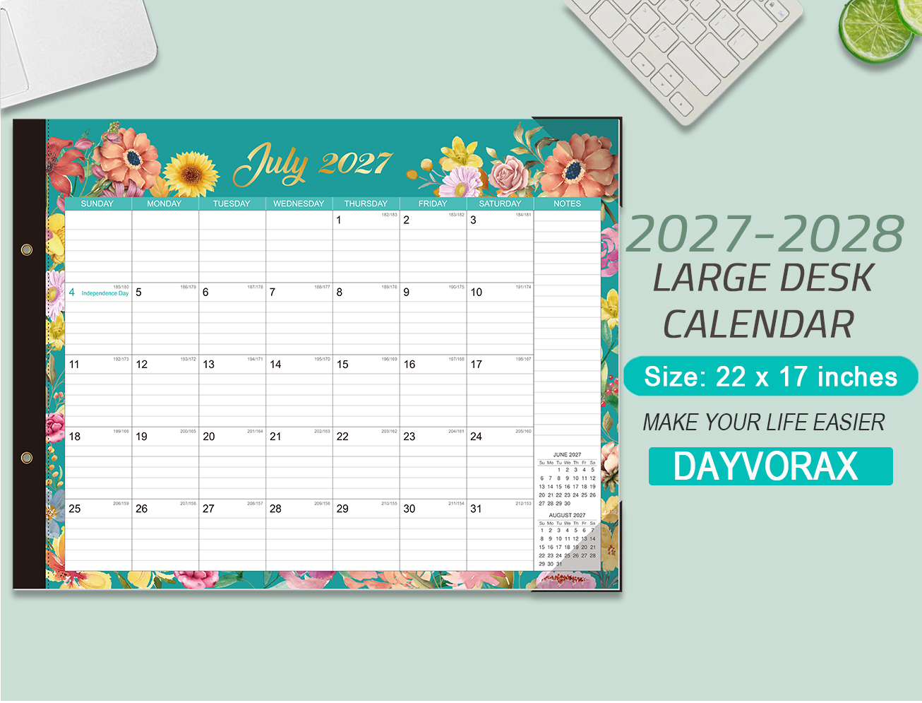 2027-2028 Desk Calendar - 22" x 17", 18 Month Desk Calendar January 2027 - June 2028, Large Monthly Desktop Calendar with Plastic Cover, Thick Paper, Corner Protectors 