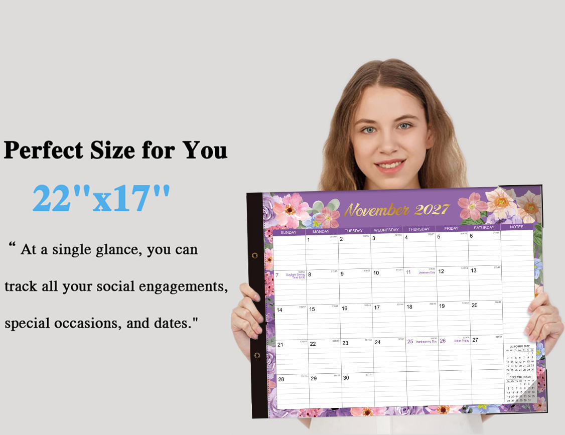 2027-2028 Desk Calendar - 22" x 17", 18 Month Desk Calendar January 2027 - June 2028, Large Monthly Desktop Calendar with Plastic Cover, Thick Paper, Corner Protectors 