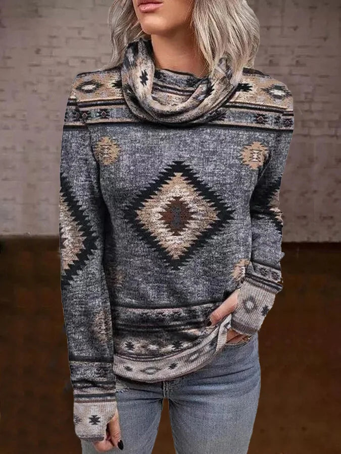 Women's Aztec Print Turtleneck Long Sleeve T-Shirt.