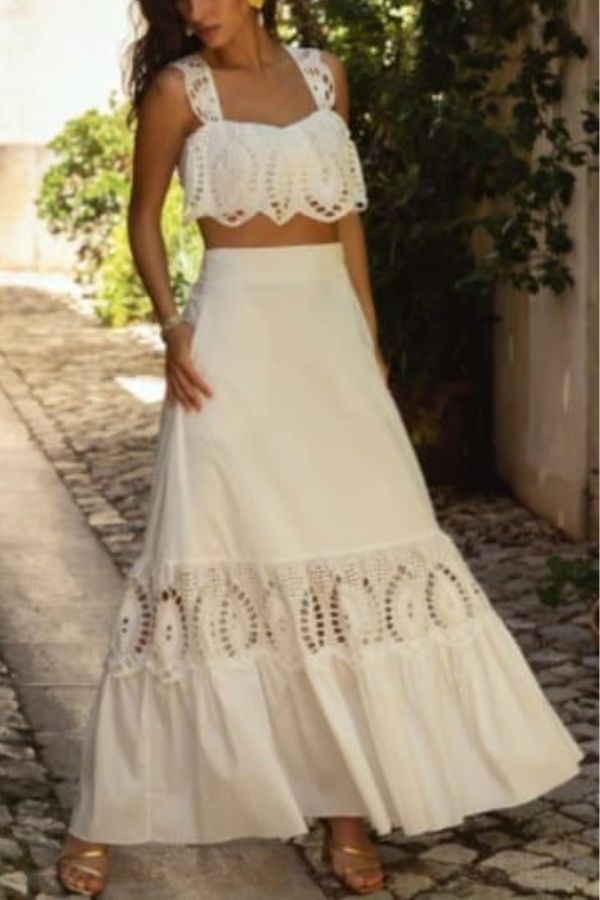 Summer City Hollow Lace Crop Tank and Elastic Waist Pocketed A-line Maxi Skirt Set