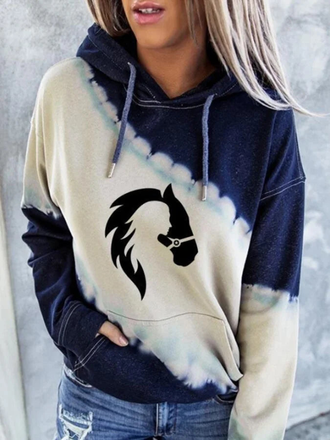 Women's girl and horse print tie-dye sweatshirt.