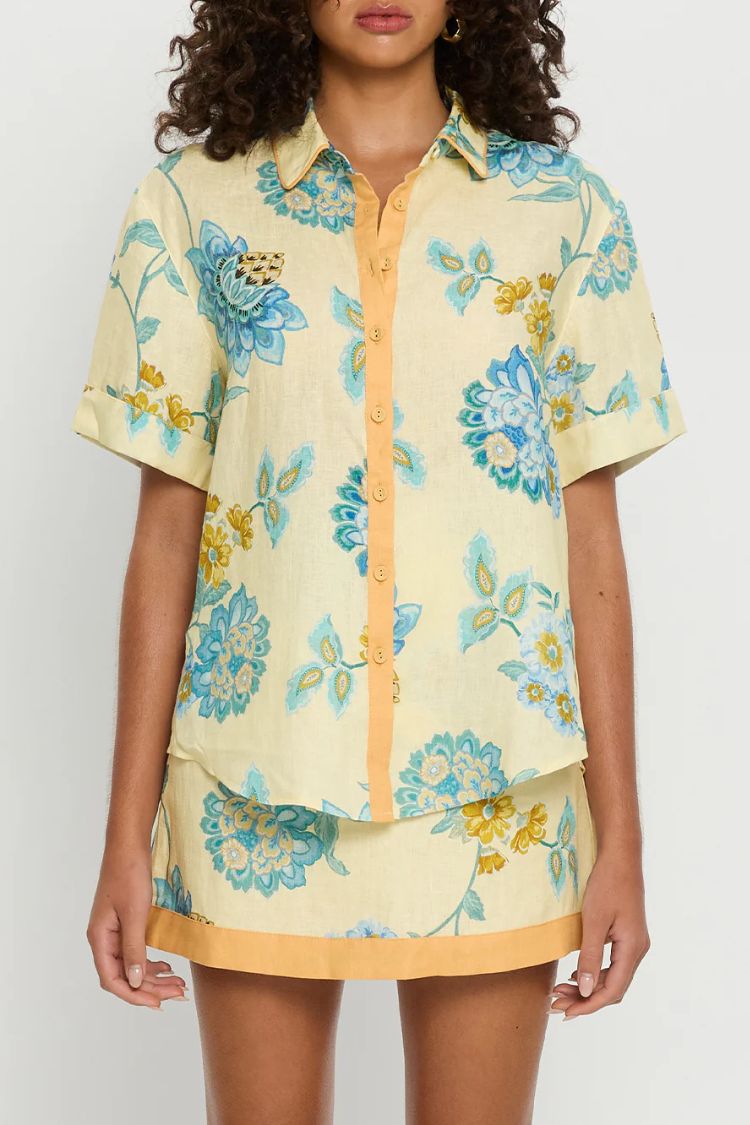 Giselle Linen Blend Floral Print Short Sleeve Shirt and Zipper Mini Skirt Set