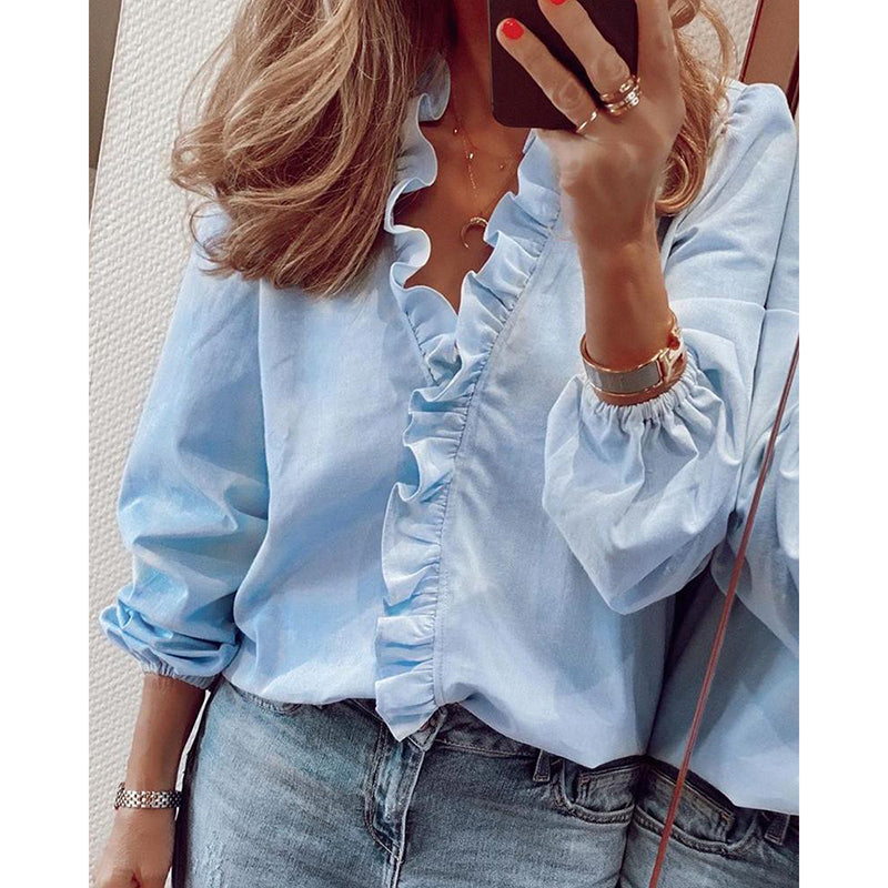 Wisherryy Casual Fashion Long-sleeved Ruffle Shirt