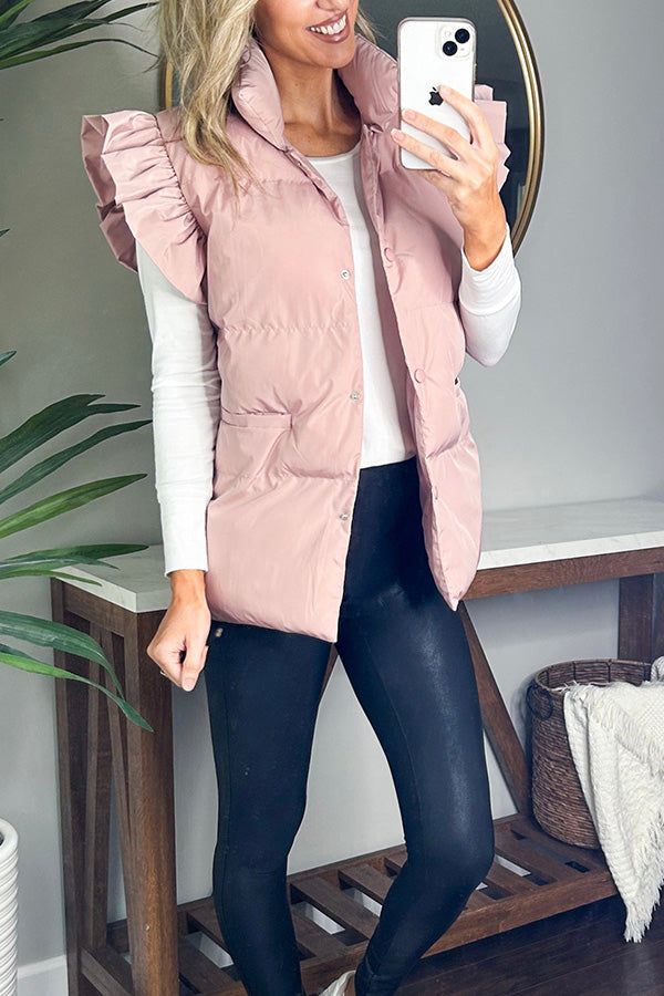 Casual stand-up collar, buttoned double pockets, flying ruffled sleeves vest