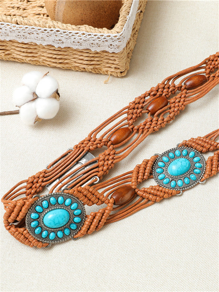 Wisherryy Western Turquoise Hand Woven Beaded Belt