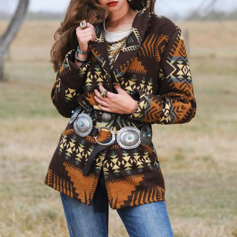 Wisherryy Mid-length printed long-sleeved lapel slim-fit woolen coat