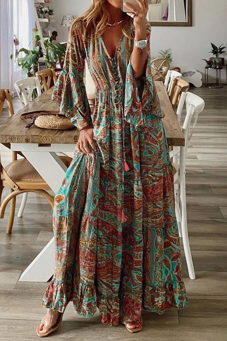 Women‘s�?Boho Floral Pattern Flared Sleeve Maxi Dress