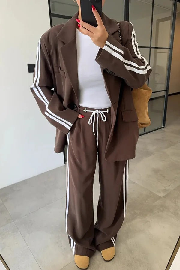Levvie Striped Trim Long Sleeve Lapel Blazer and Rope Belt Pocketed Wide Leg Pants Set