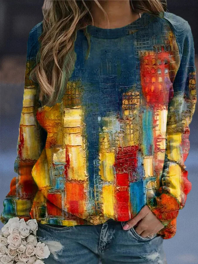 Women's Vintage Oil Painting Print Casual Sweatshirt.