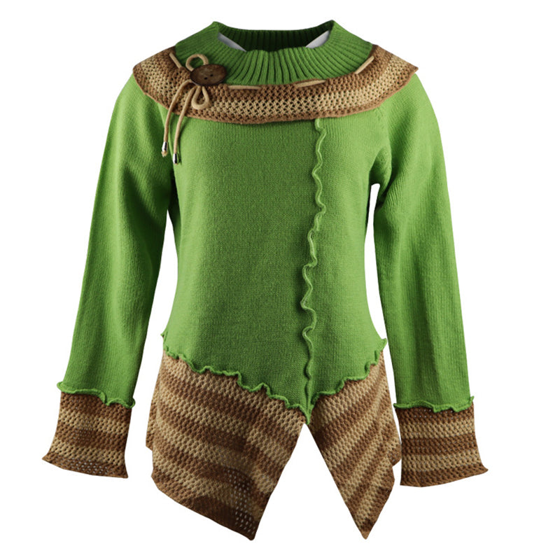 Wisherryy Fashion stitching round neck retro long-sleeved sweater