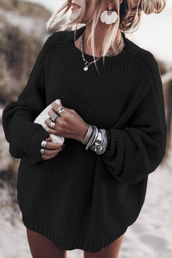 Loose lantern sleeve mid-length sweater