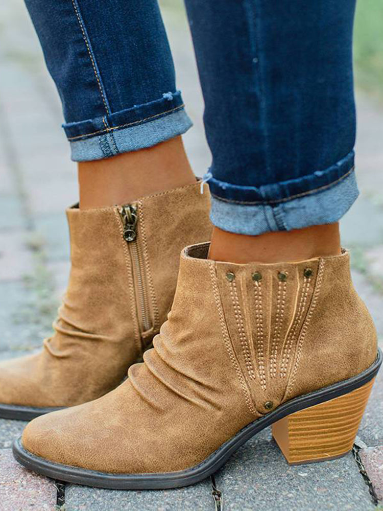 Vintage Solid Chunky Heel Ankle Boots