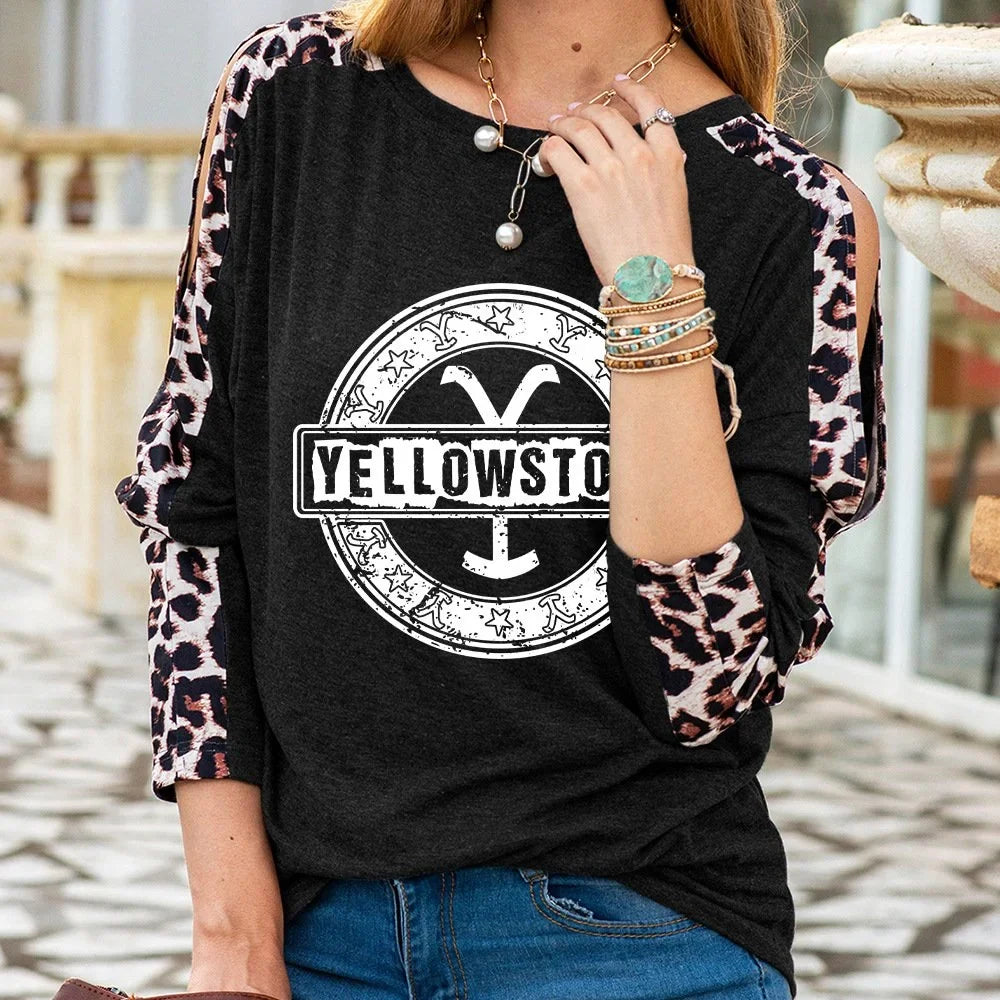 Custom fashion leopard two color long sleeve T-shirt