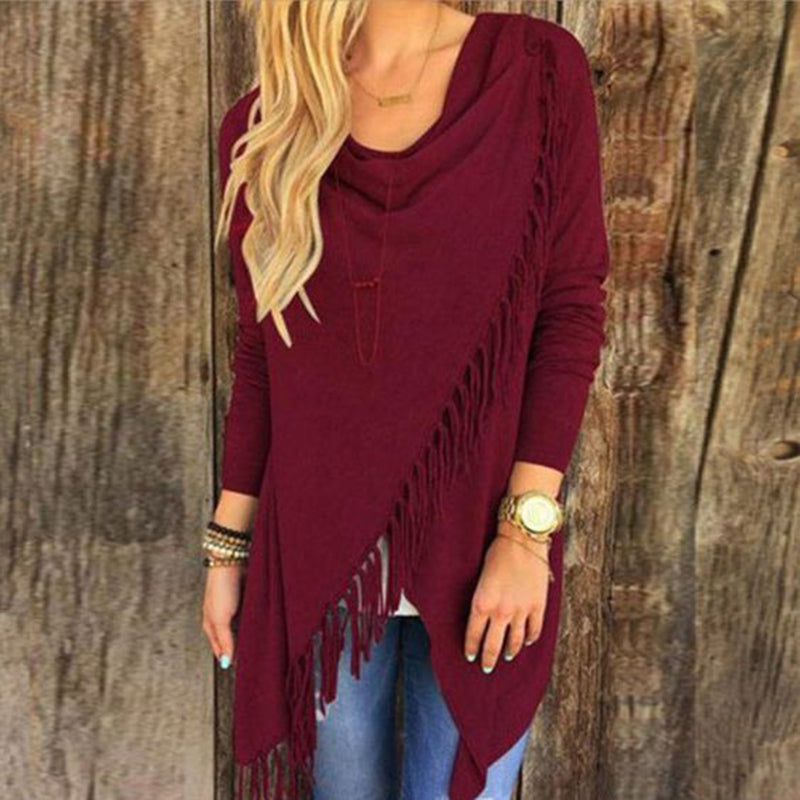 Wisherryy Solid Color Casual Fringe Long Sleeve T-Shirt