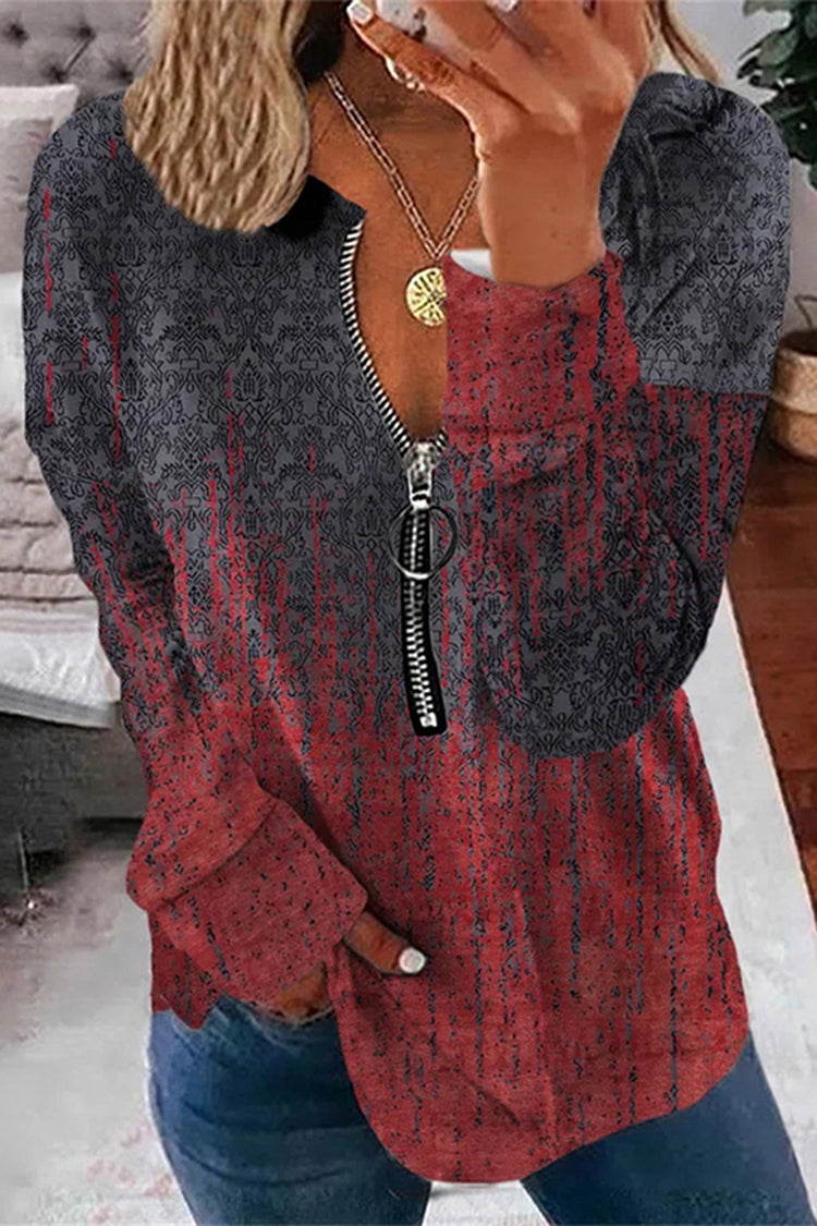 Vintage Print V-Neck Zip-Up Long Sleeve Sweatshirt