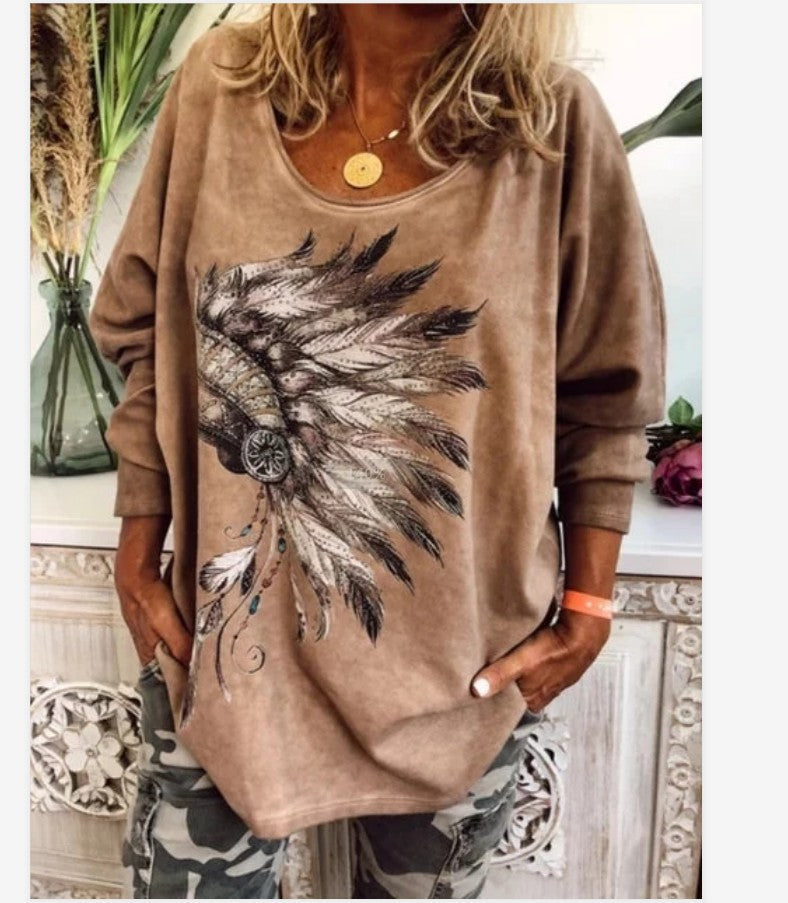Wisherryy Printed  Long Sleeved Round Neck T-Shirt