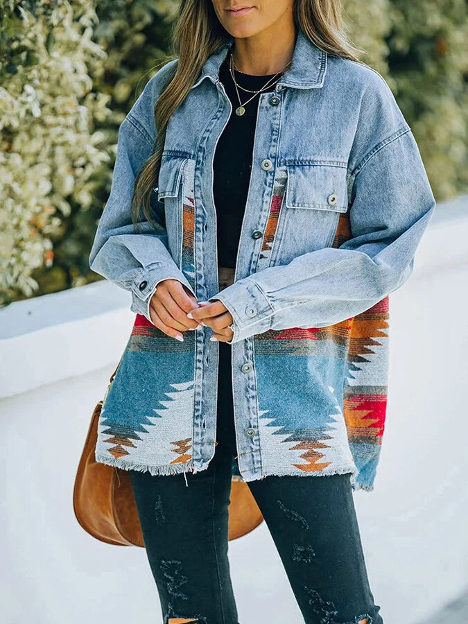 Women's western style aztec print stitching denim jacket.