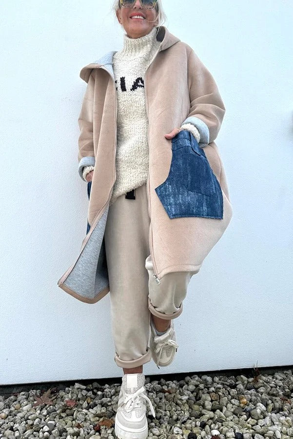 Soft and Warm Zipper Denim Pocket Long Sleeve Hooded Midi Sweatshirt Coat