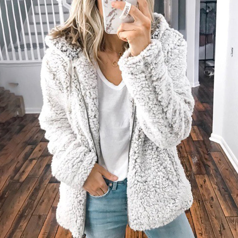 Thick Plush Zip Hooded Pocket Sweatshirt