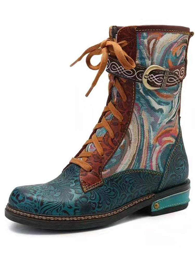 Vintage Floral Carved Patchwork Ankle Boots