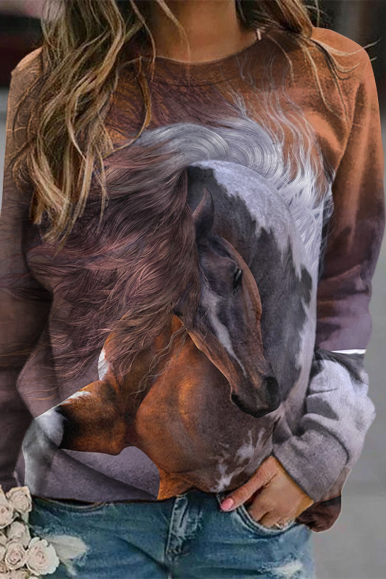 Vintage Western Horse Print Crew Neck Long Sleeve Sweatshirt