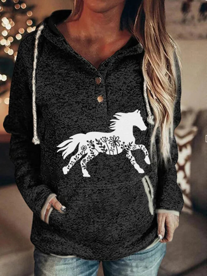 Women's Floral Horse Print Casual Hoodie.