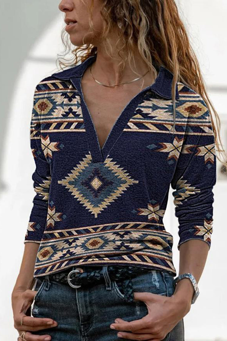 Western Print V-Neck Long-Sleeve Polo Shirt