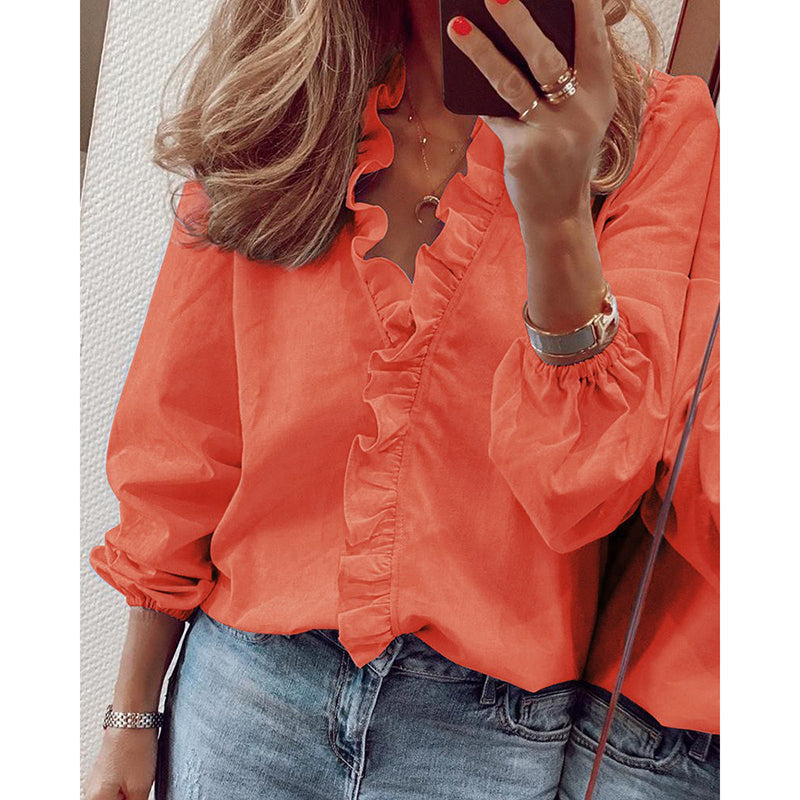 Wisherryy Casual Fashion Long-sleeved Ruffle Shirt
