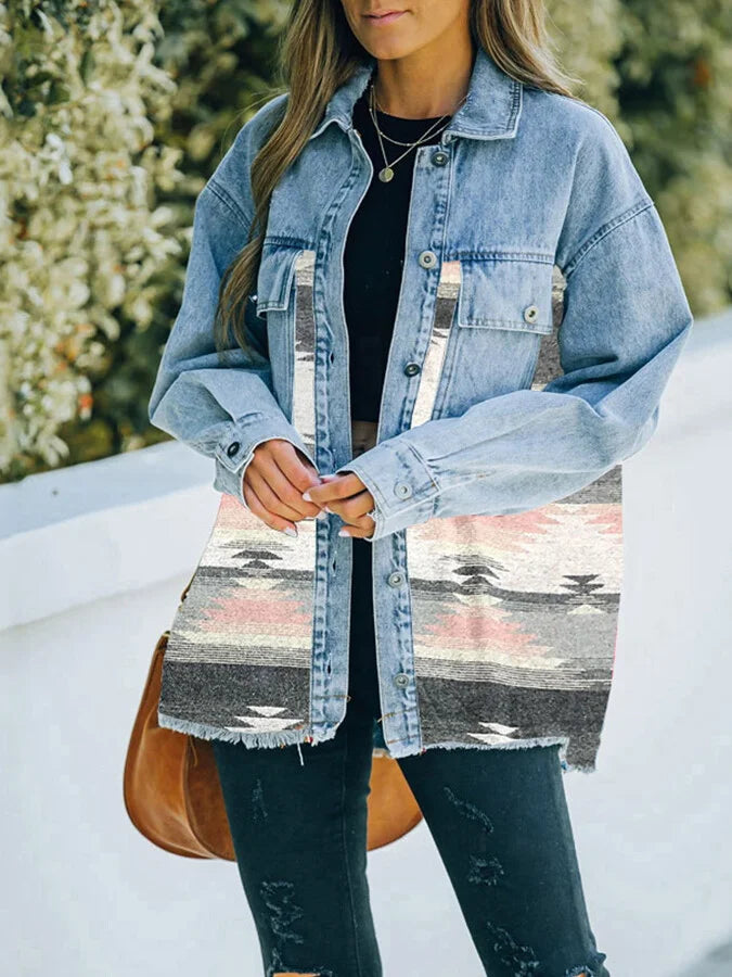Women's western style aztec print stitching denim jacket.