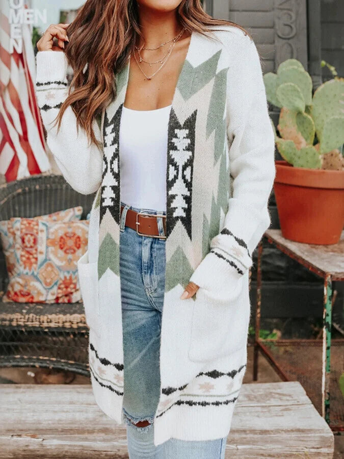 Mid-Length Jacquard Sweater Cardigan.