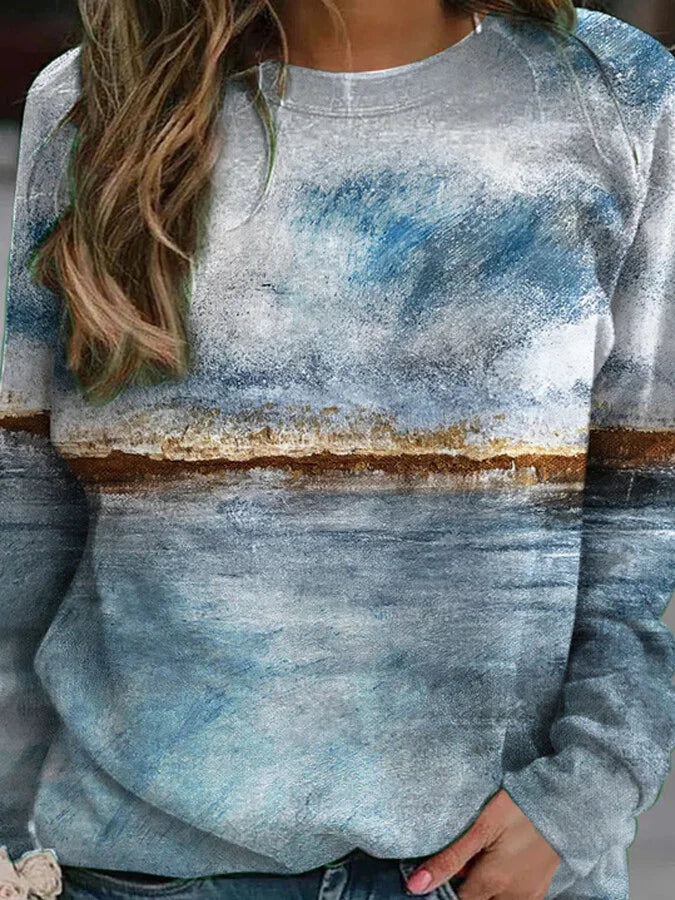 Women's Vintage Oil Painting Print Casual Sweatshirt.