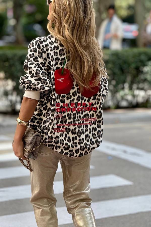 Unique Modern Feel Leopard and Cherry Print Casual Sweatshirt