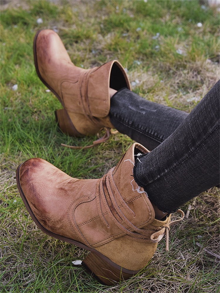 Wisherryy Laced Washed Leather Patchwork Ankle Boots