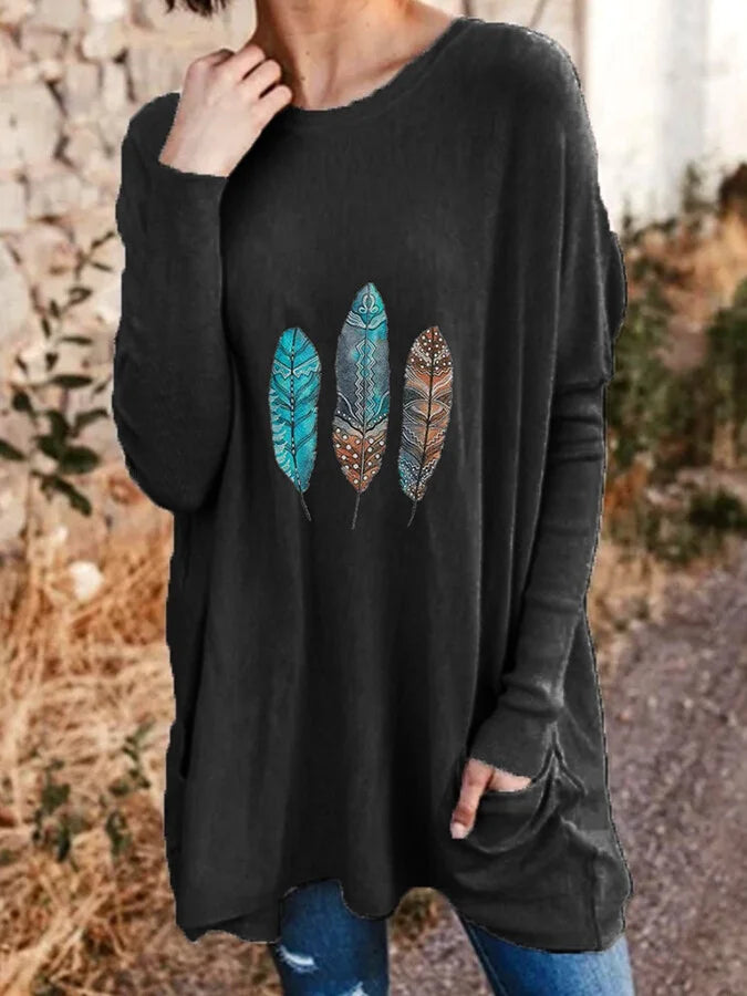 Women's Aztec Feather Casual Long-Sleeved T-Shirt.