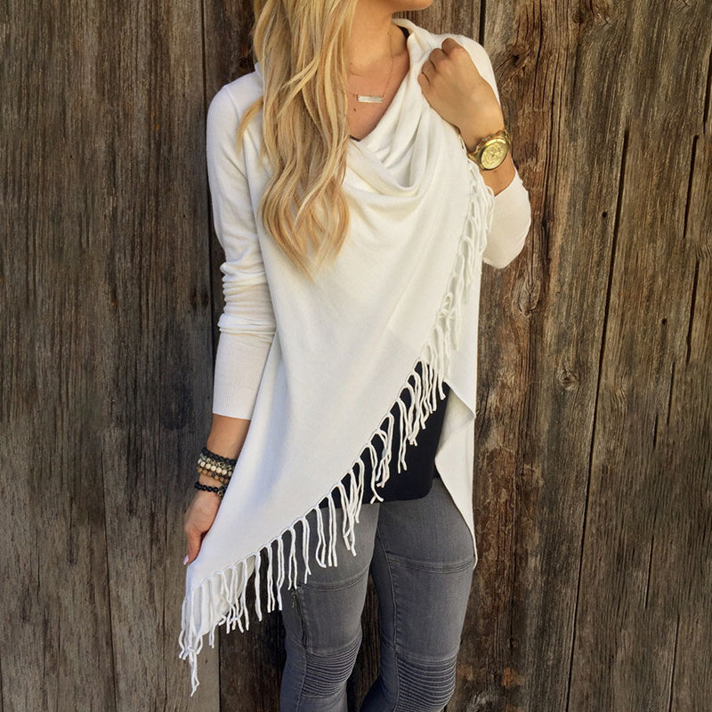 Wisherryy Solid Color Casual Fringe Long Sleeve T-Shirt