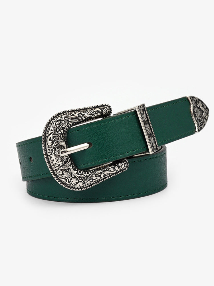Wisherryy Western Vintage Carved Buckle Basic Belt