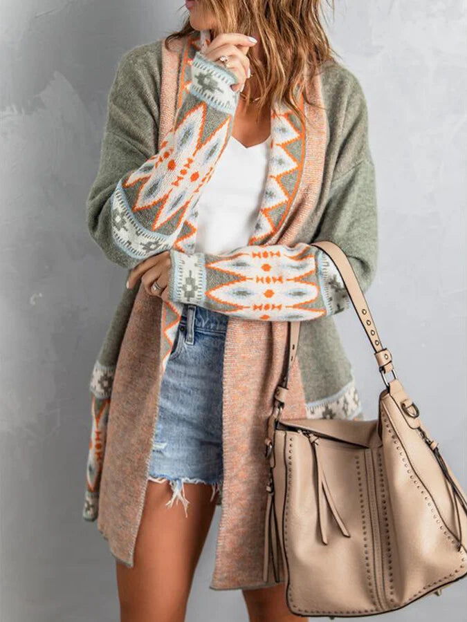 Women's ethnic style AZTEC printed loose knit cardigan.