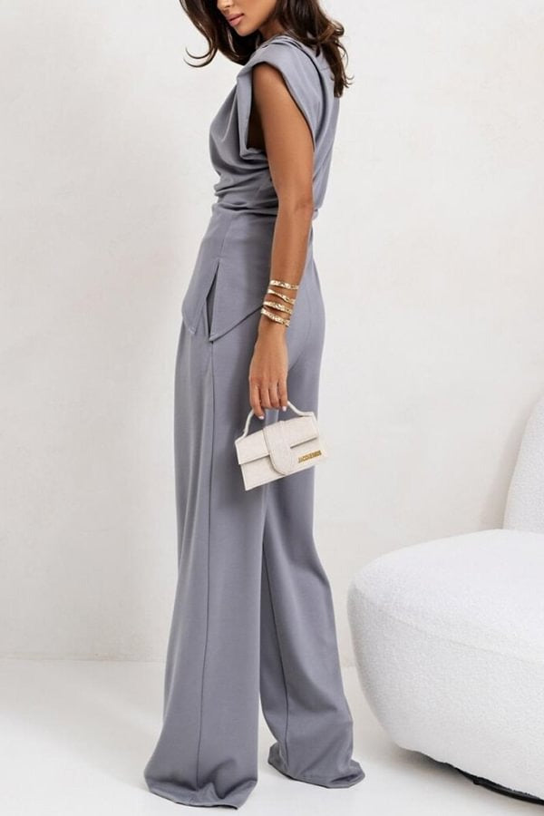 Jordy Ruched Shoulder Slit Top and Elastic Waist Pocketed Wide Leg Pants Set