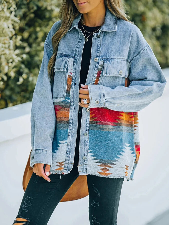 Women's western style aztec print stitching denim jacket.