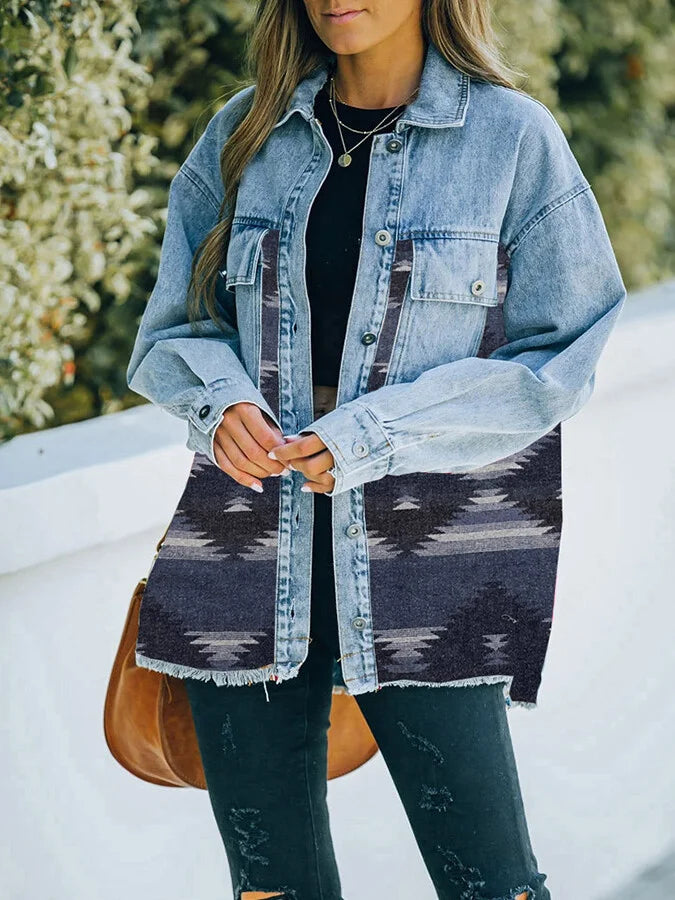 Women's western style aztec print stitching denim jacket.