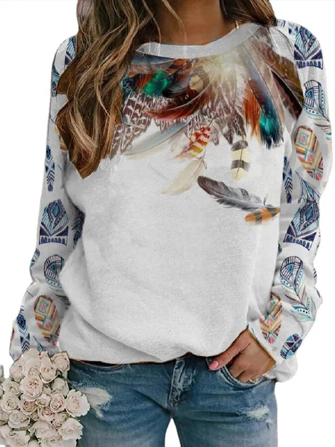 Vintage Feather Style Print Sweater.