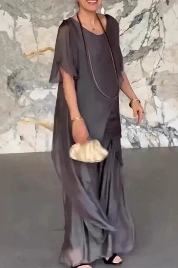 Solid Color Round Neck Irregular Loose Chiffon Top and Casual Wide-leg Pants Set