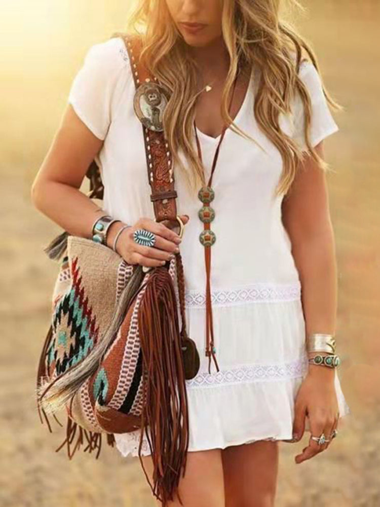 Wisherryy Women's Vintage Print Fringe Shoulder Bag