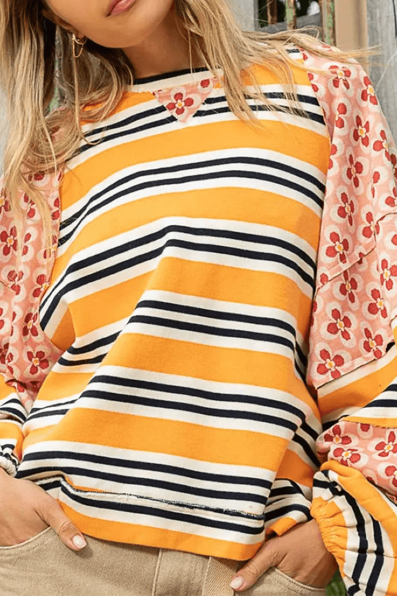 Casual Striped Print Flowers Contrast O Neck Hoodies