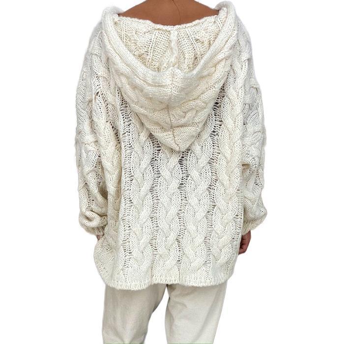 Pure Color Twist Knit Hooded Sweater