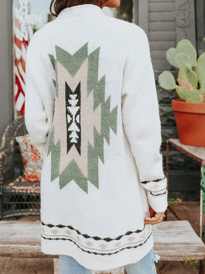 Mid-Length Jacquard Sweater Cardigan.