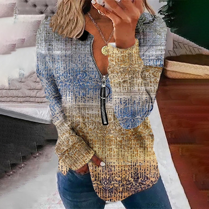 Vintage Print V-Neck Zip-Up Long Sleeve Sweatshirt