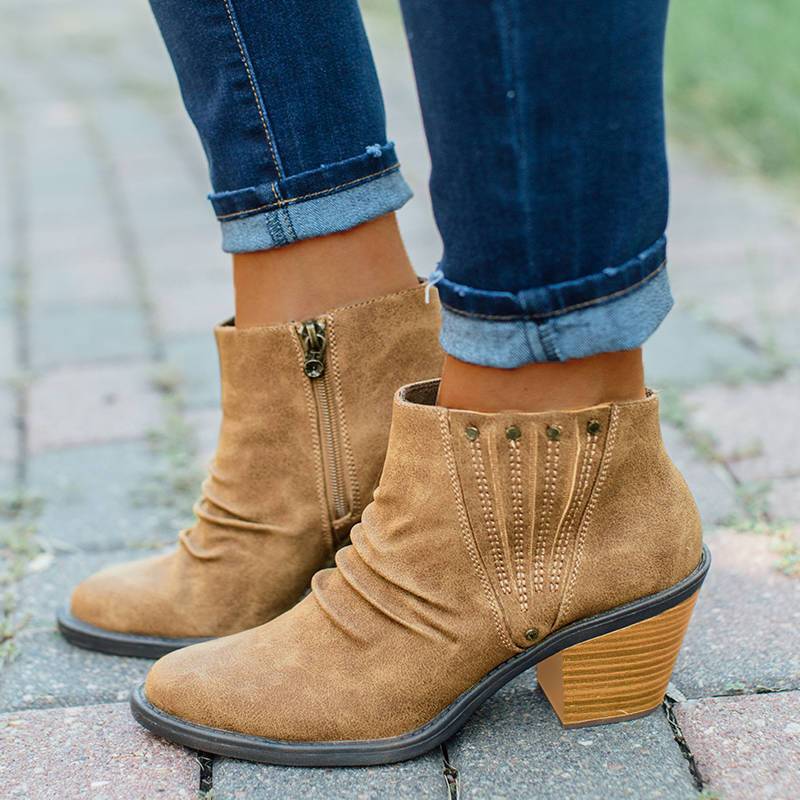 Vintage Solid Chunky Heel Ankle Boots