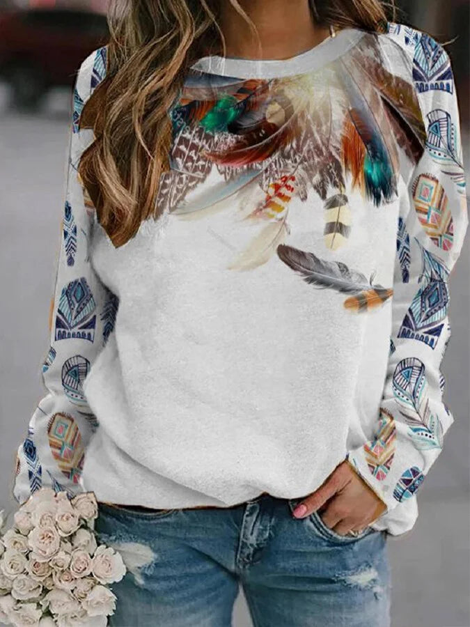 Vintage Feather Style Print Sweater.