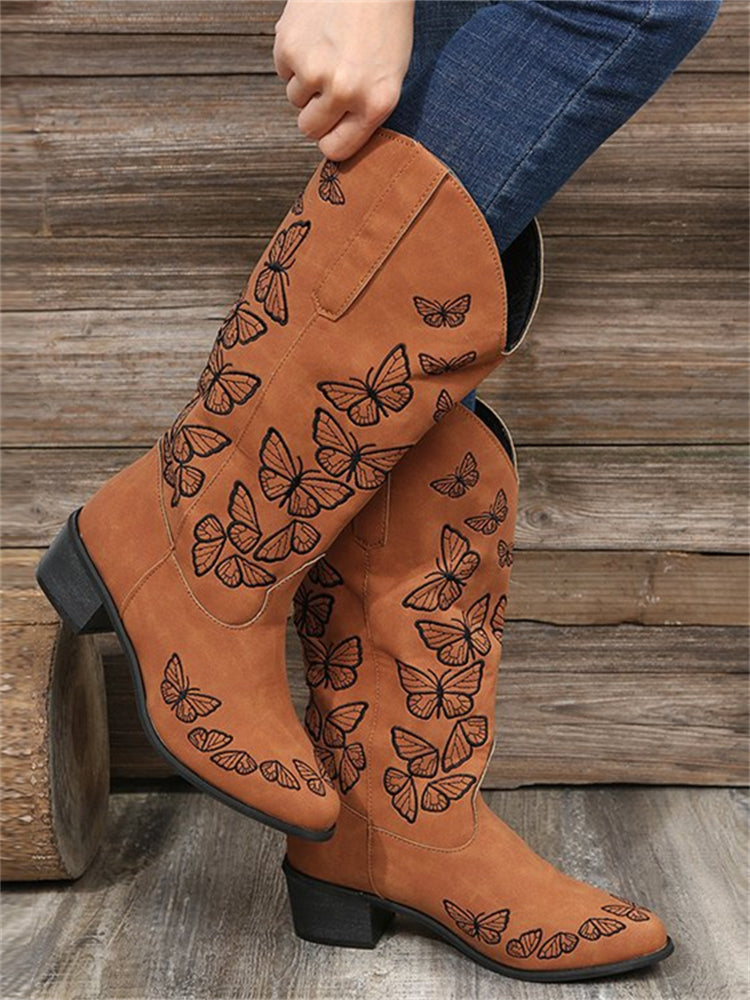 Butterflies Embroidered Wide Calf Boots